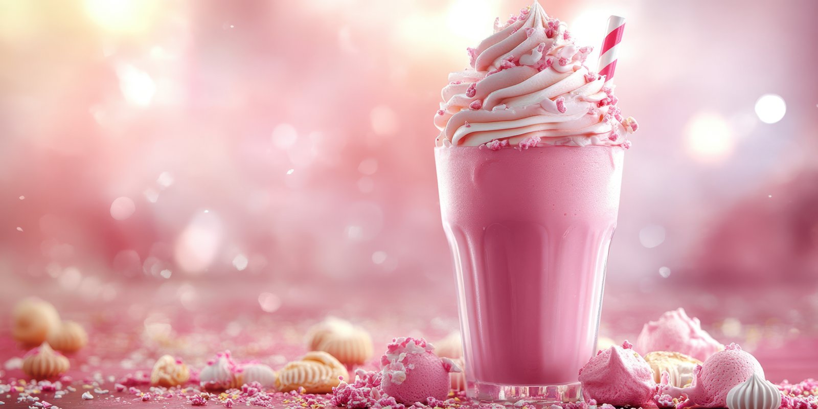 Delightful pink milkshake topped with whipped cream and sprinkles amidst a whimsical pastel background